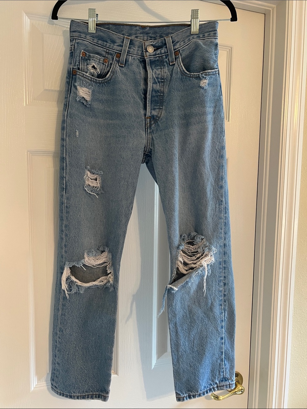 Levi's 501’s W24, L26 Light Blue Ripped Straight-Leg Jeans